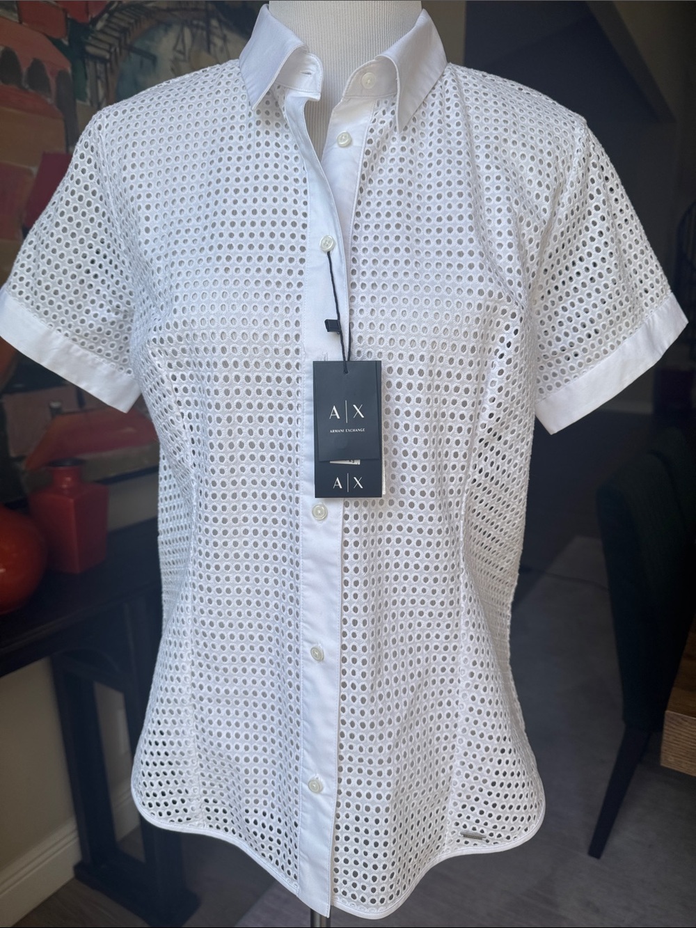 NWT Armani Exchange White Eyelet Short-Sleeve Button Shirt